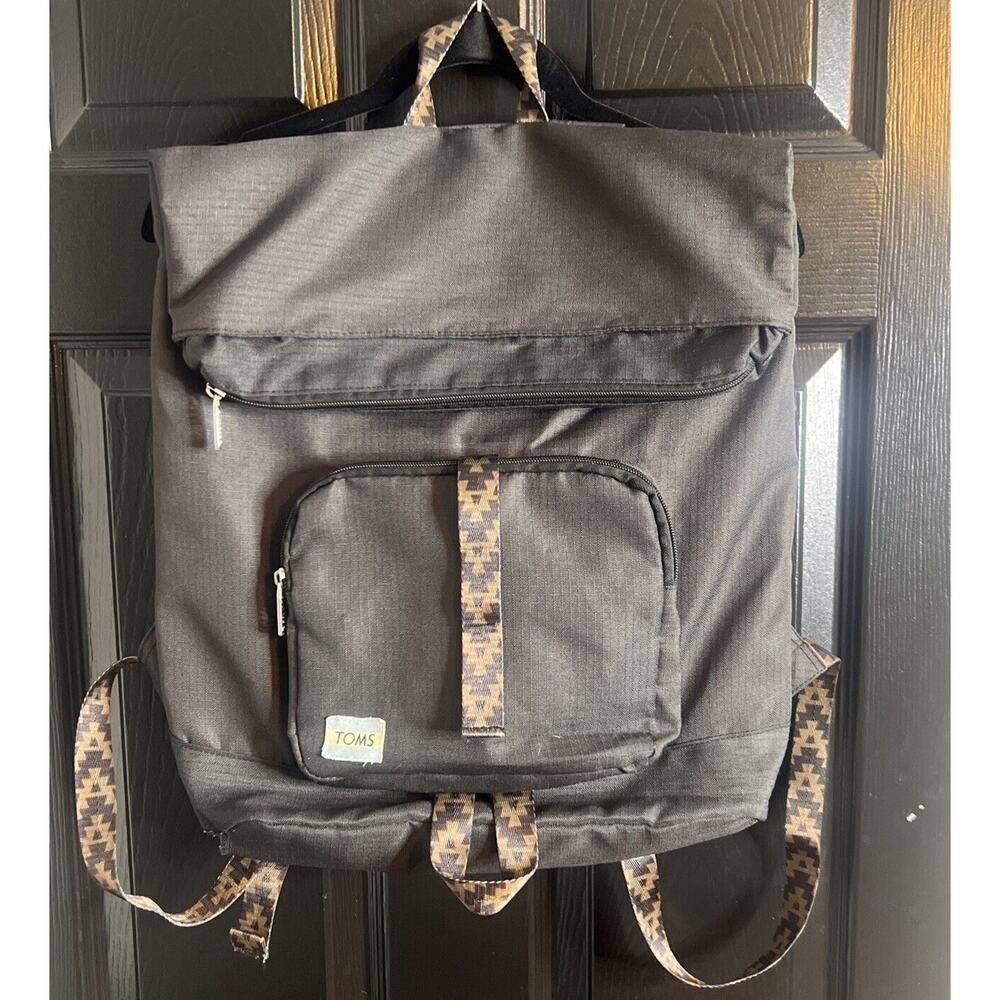 Toms StandUp Backpack Solid Black W/ Aztec detail Zipper Closure Fold-over Flaws